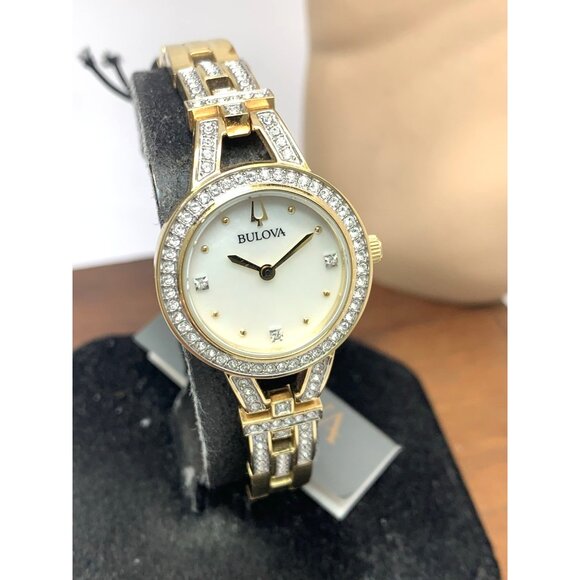 Bulova Women's Watch 98L325 Mother of Pearl Dial Gemmed Gold Steel 25mm - Picture 13 of 14